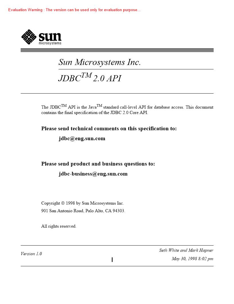 《Sun Microsystems Inc JDBCTM 20 API》